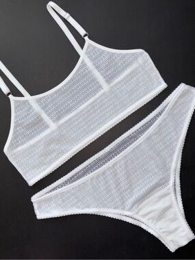 White Summer Eyelet Lace Sheer Mesh Bralette Bikini Panties Handcrafted Set S M